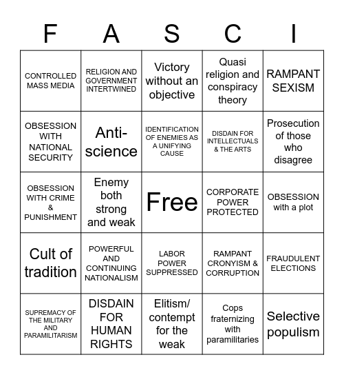 Fascism Bingo Card