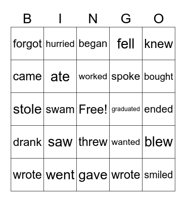 Past Tense Regular and Irregular Verbs Bingo Card
