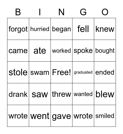 Past Tense Regular and Irregular Verbs Bingo Card