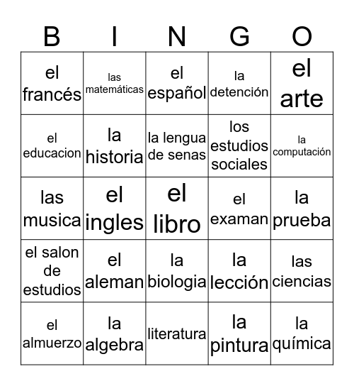 Spanish bingo (Classes in school) Bingo Card