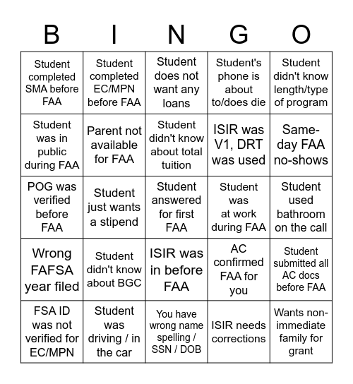 MOD 4 FAA Bingo Card