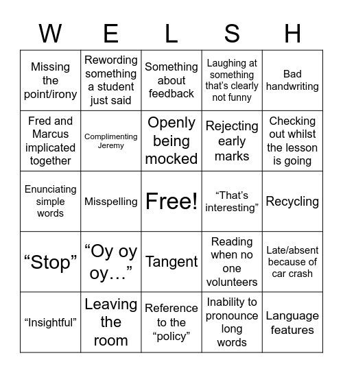 Welsh Pingu Bingo Card