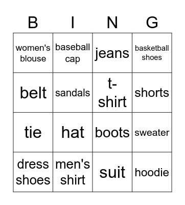 Clothing Bingo Card