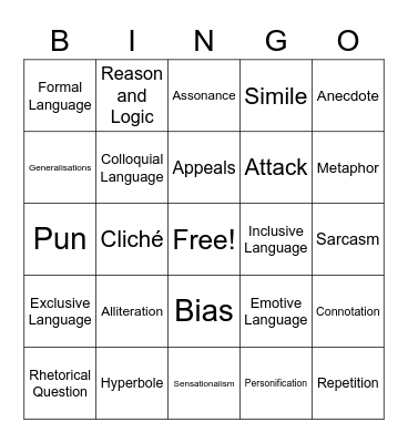 Language Analysis Bingo Card