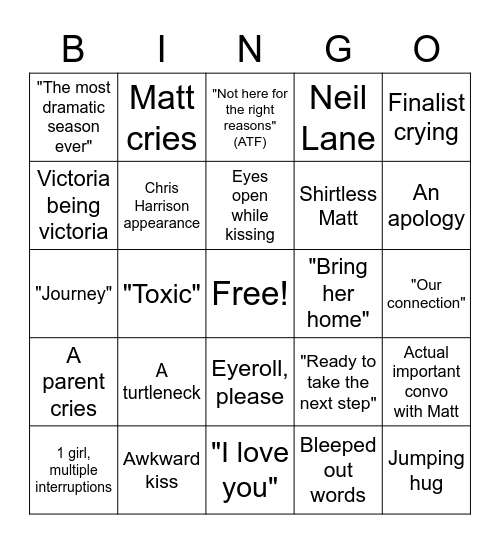 Bachelor Finale Matt James Bingo Card