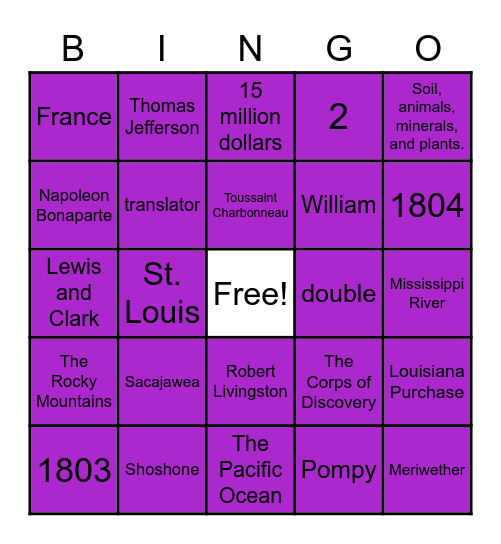 Lewis and Clark and The Louisiana Purchase Bingo Card
