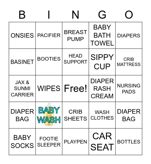 JAX & SUNMI BABY SHOWER Bingo Card
