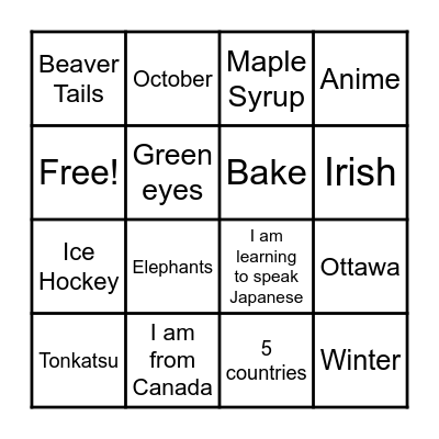 Getting to know you Bingo Card