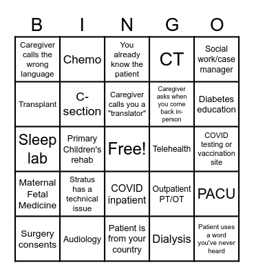 Language Services VRI/OPI Bingo Card