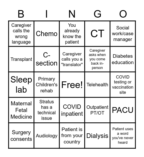 Language Services VRI/OPI Bingo Card