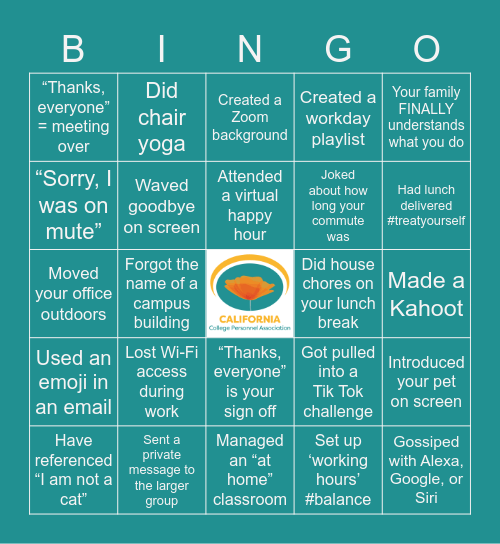 Higher Education Remote Work BINGO Card