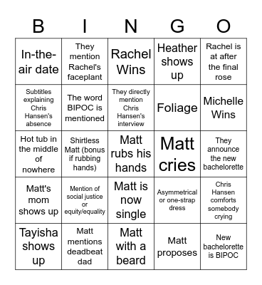 The Bachelor Finale Bingo Card