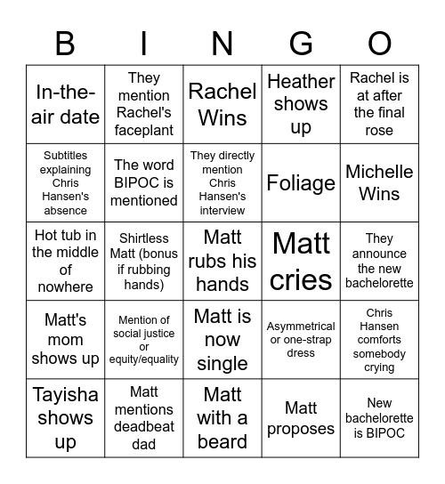 The Bachelor Finale Bingo Card