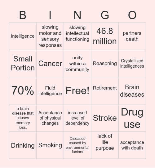 Late Adulthood Bingo Card