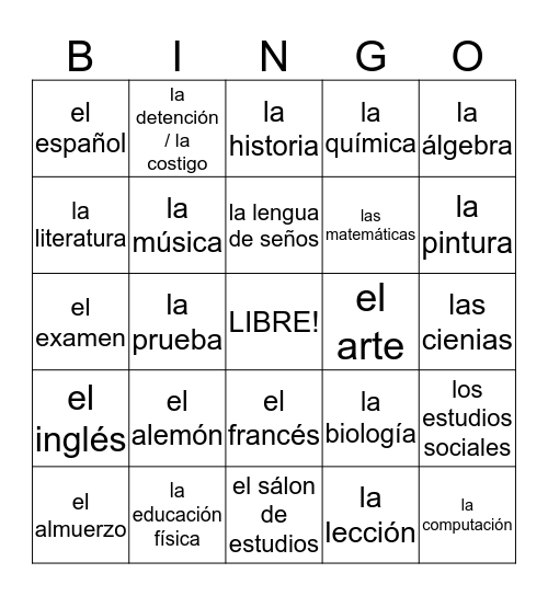 Bingo de Español Bingo Card