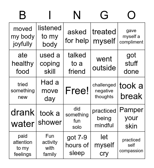 Self Care Bingo Card