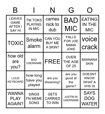 FORTNITE RANDOM DUOS BINGO Card