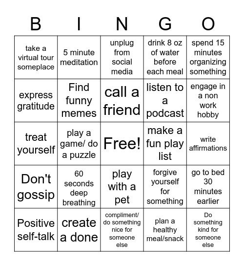 SELF-CARE Bingo Card