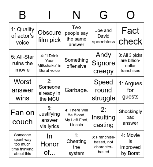 Weird Screen Junkies Bingo Card