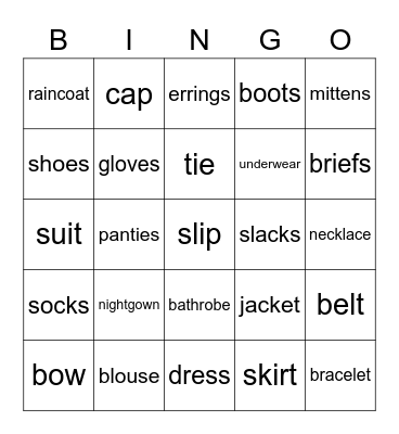 Vocabulary Bingo Card