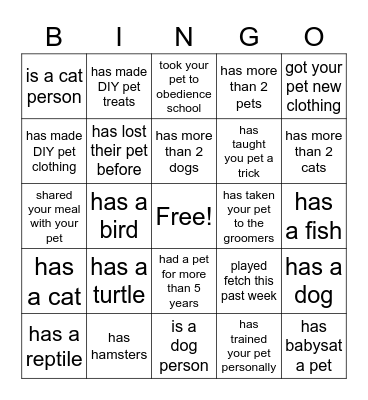 Animal Care Club Bingo Card
