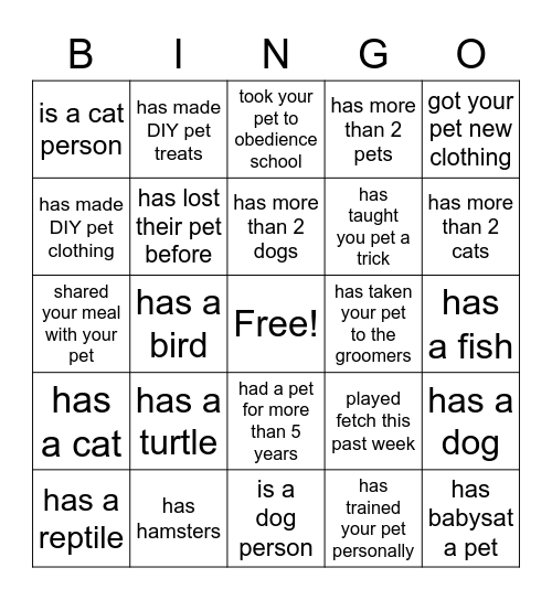 Animal Care Club Bingo Card