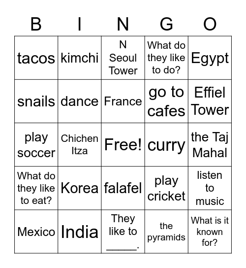 Countries Bingo Card