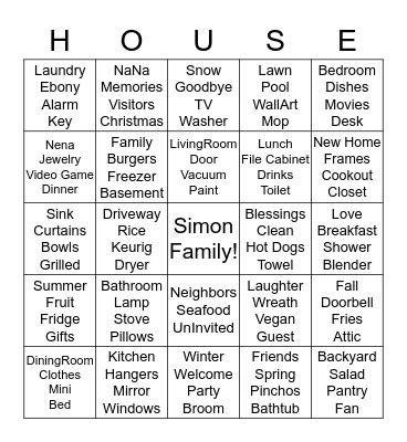 Simon Family House Warming Bingo Card