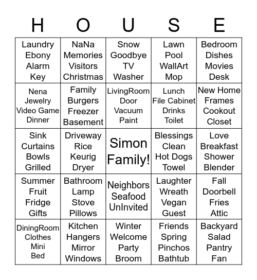 Simon Family House Warming Bingo Card