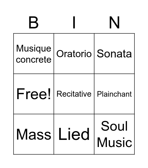 Higher Music Styles Bingo Card