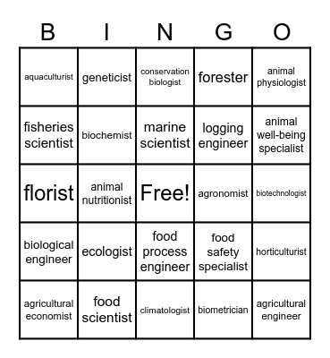 Agriculture Careers Bingo Card