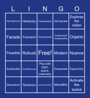 Architecture LINGO Bingo Card