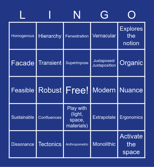 Architecture LINGO Bingo Card
