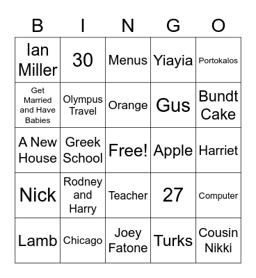 My Big Fat Greek Wedding! Bingo Card