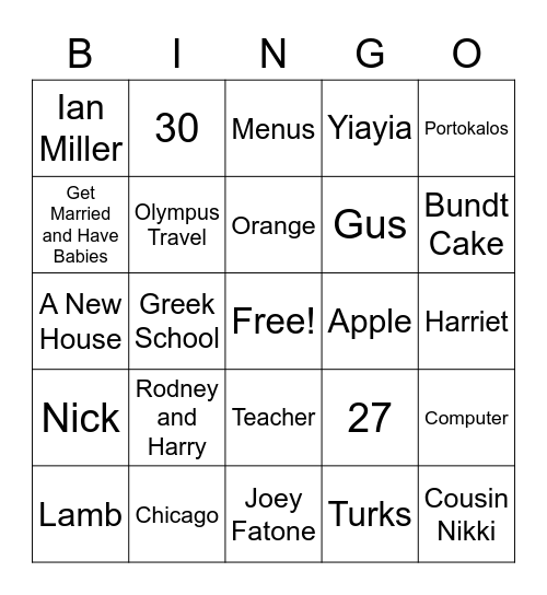 My Big Fat Greek Wedding! Bingo Card