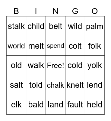 Ending L Blends Bingo Card