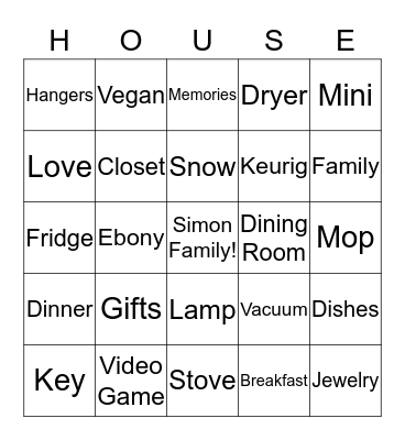 Simon Family House Warming Bingo Card