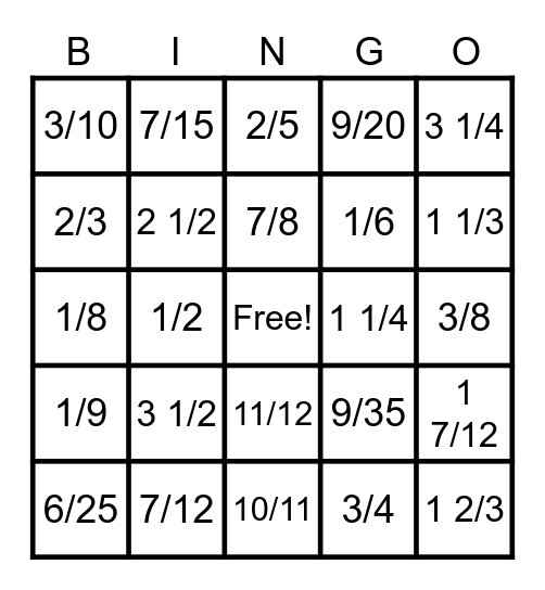 Fraction Operation Bingo Card