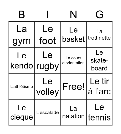 Tu es sportif? Bingo Card