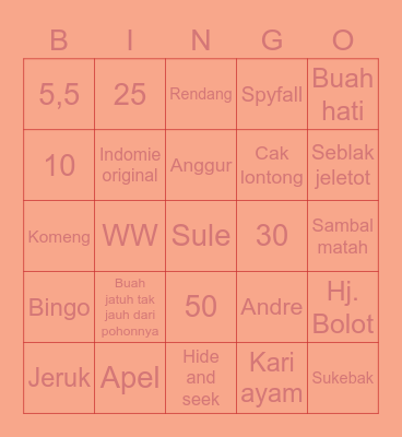 Punya oci Bingo Card
