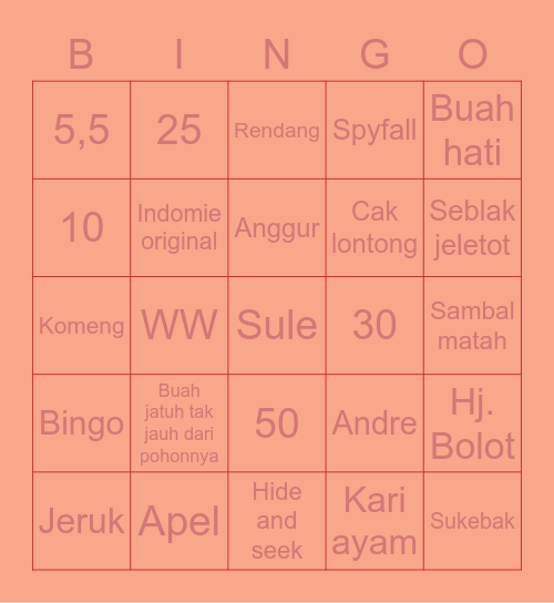 Punya oci Bingo Card