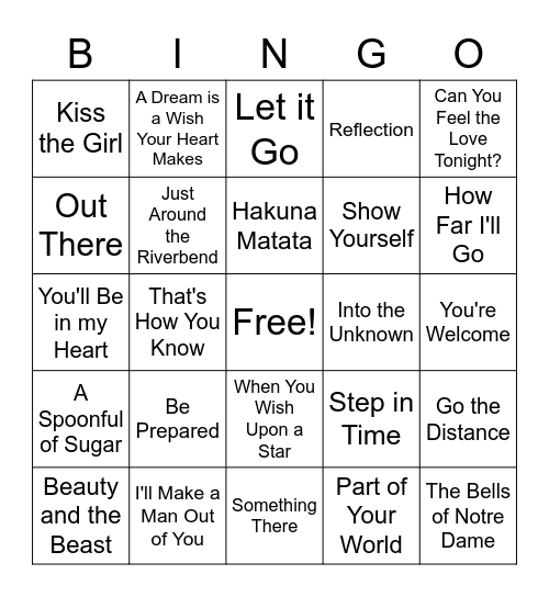 Disney Song Bingo Card