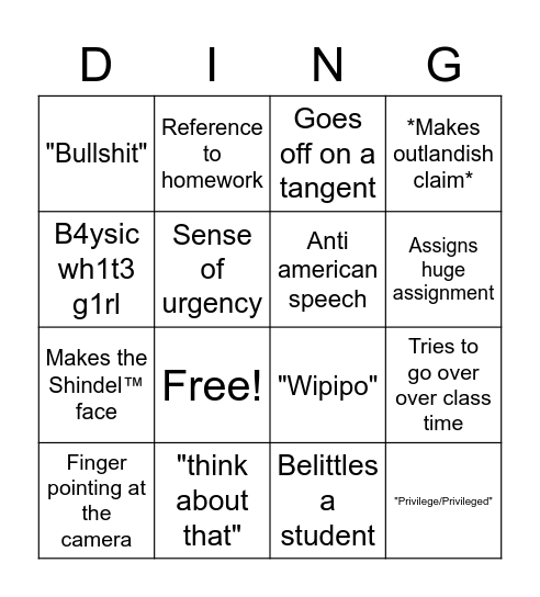 Shindingo Bingo Card