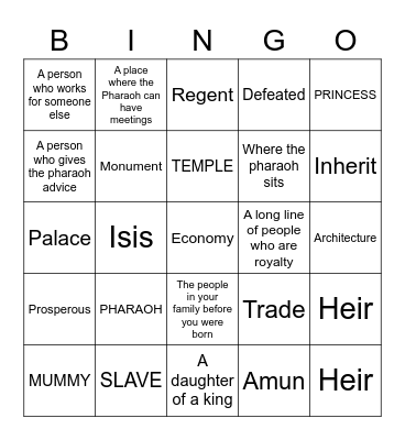 Pharaoh Vocabulary Review Bingo Card