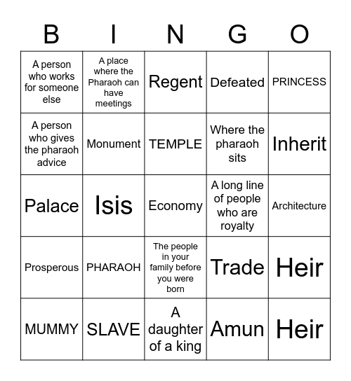 Pharaoh Vocabulary Review Bingo Card