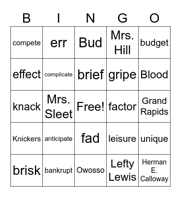 Vocabulary Bingo Card