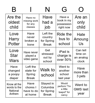 Getting to Know You Bingo Card