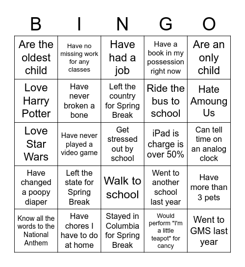 Getting to Know You Bingo Card