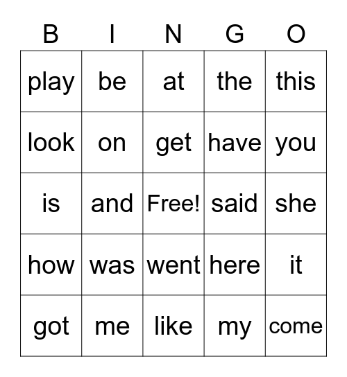Sight Word BINGO Card