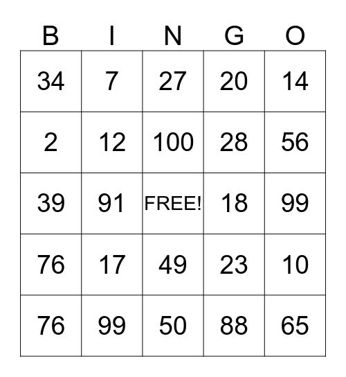 Number Bingo Card